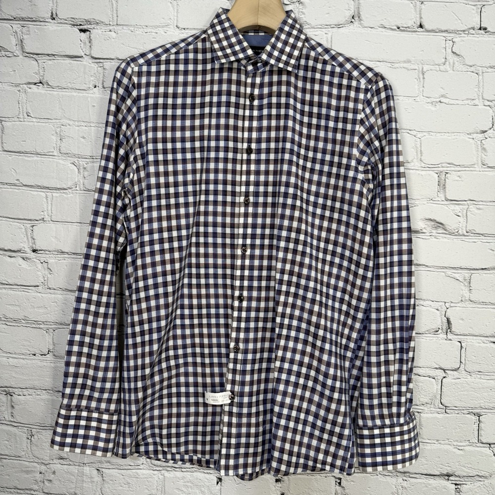 Sand Copenhagen Shirt Mens 39 Small 15.5 Check Purple Brown White Contrast Cuffs